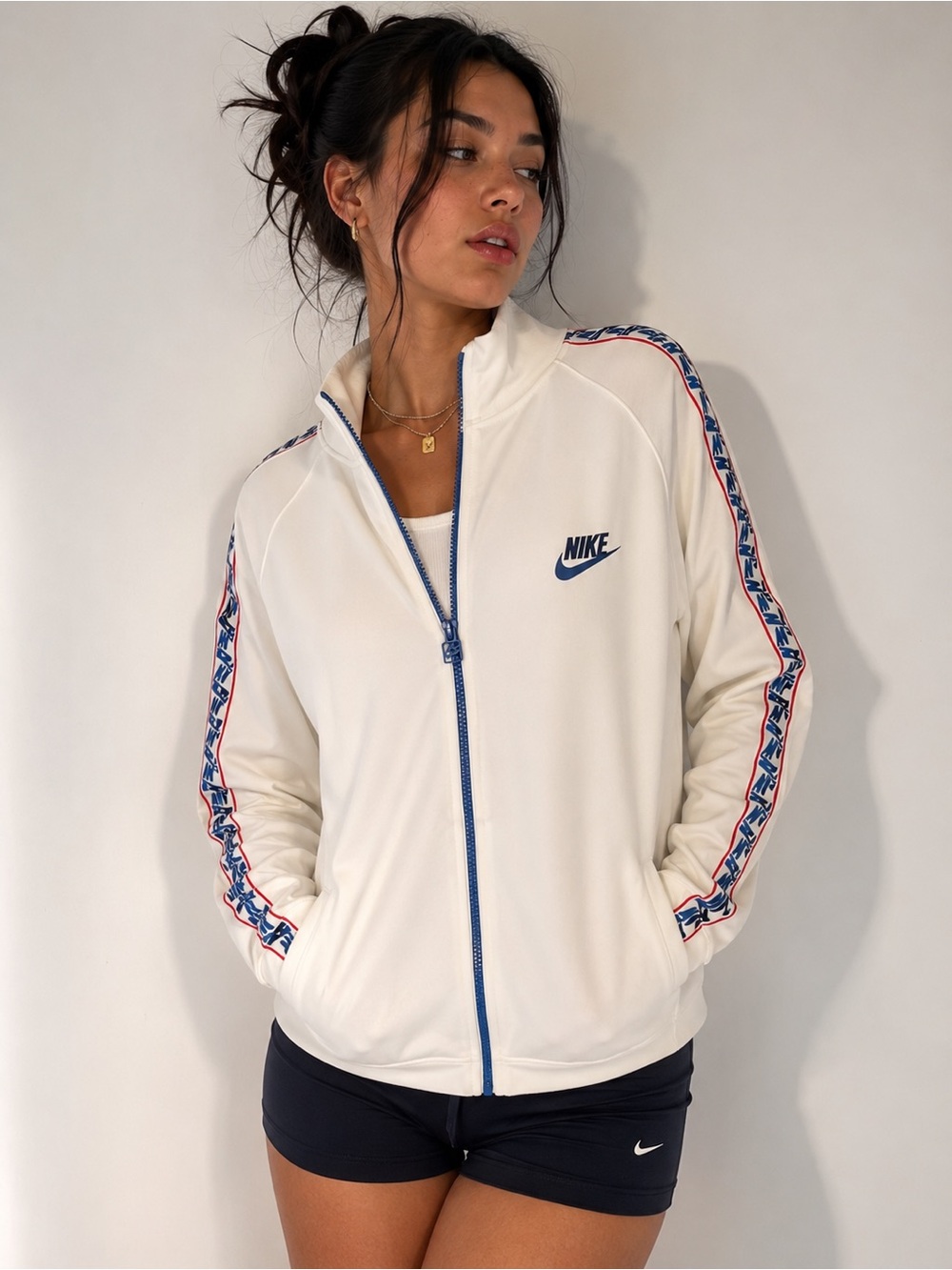 Nike White Full Zip Track Jacket Blue Logo Tape Sleeves Back Graphic Medium